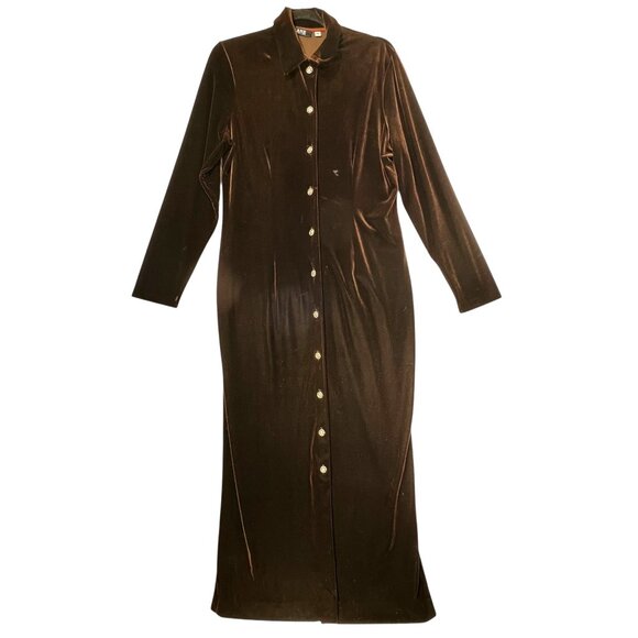 Vtg Misty Lane Brown Velvet Maxi Dress Goth Buttons Long Sleeves Sz 12 Darts USA - Picture 1 of 15